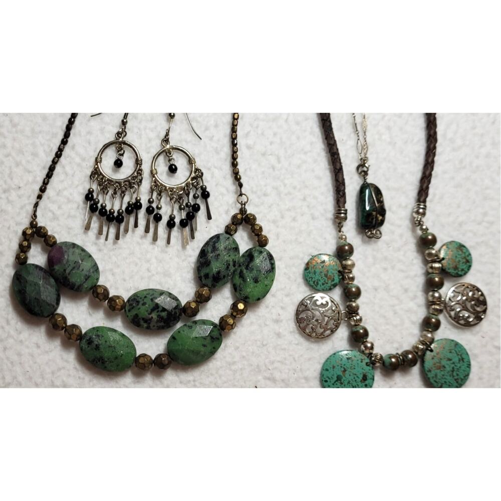 Southwest Boho Necklace Earrings Bracelet 4 Pc Lot Faux Turquoise Green Bronze - Picture 10 of 12